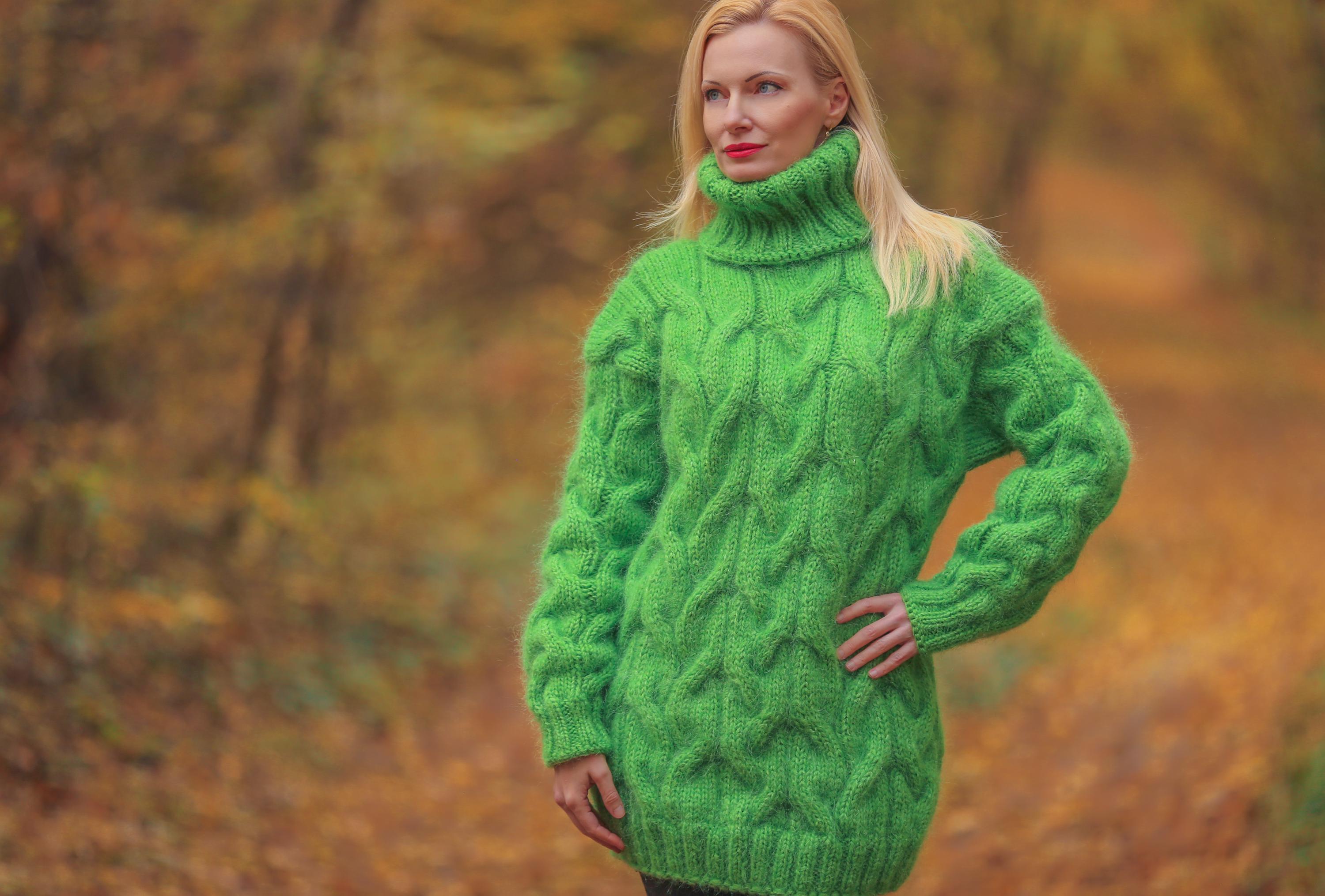 Green Mohair Cable Knit Sweater – Hand-knitted Pullover, Ready to Green Mohair Cable Knit Sweater – Hand-knitted Pullover, Ready to