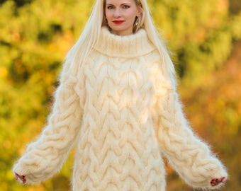 Cable knit mohair sweater ivory white hand knitted turtleneck fuzzy ski pullover by SuperTanya