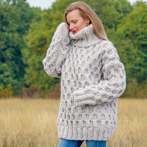 Chunky Wool Sweater Thick Bulky Pullover Hand Knitted Jumper With Honeycomb Pattern Supertanya Premium Knitwear Made to Order Etsy Australia