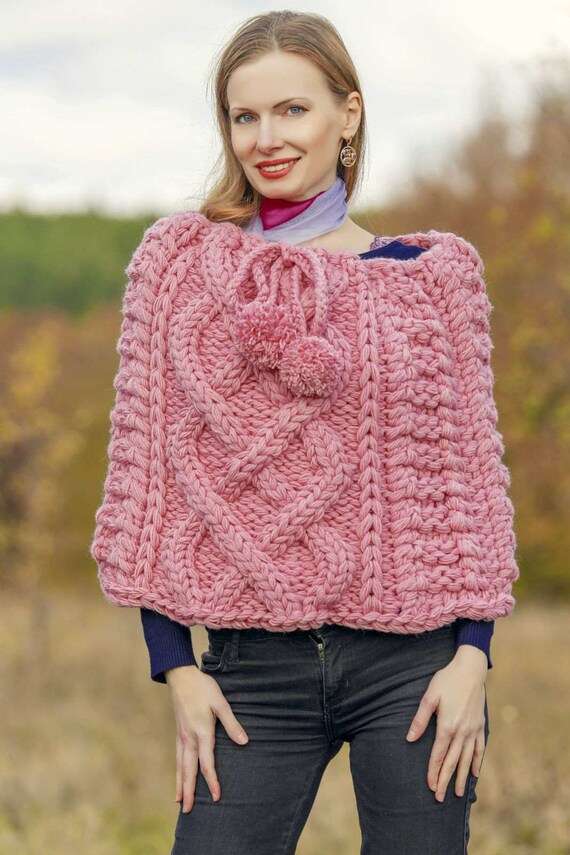 ウール ケーブル編み ニットトップス ポンチョ 手編み