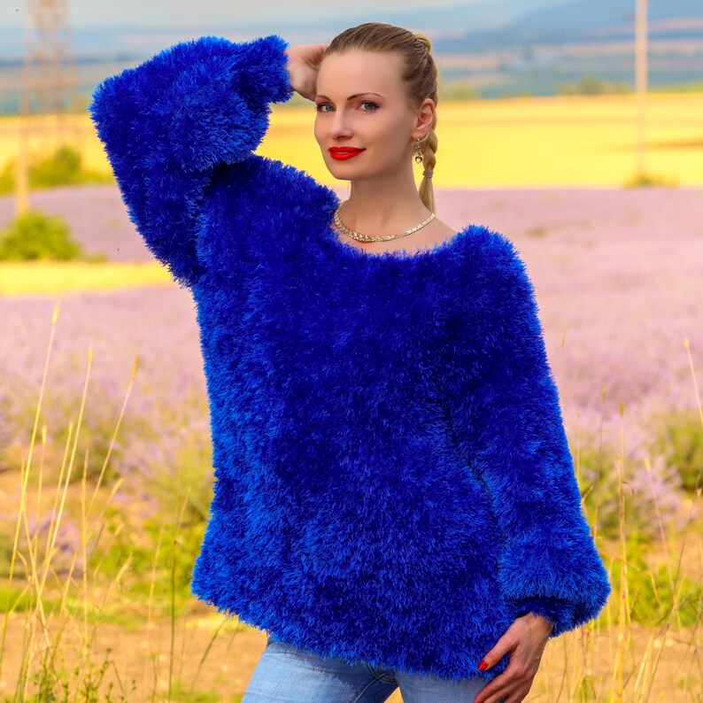 Made to order fuzzy hand knitted eyelash yarn sweater in royal Etsy