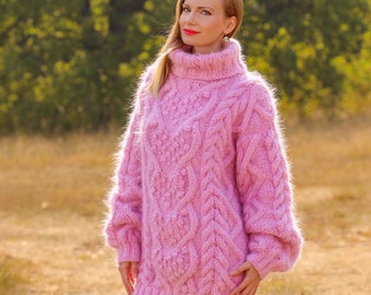 SuperTanya pink mohair sweater unique cable knit warm ski pullover  - ready to ship - size L