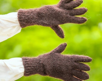 Handmade thick brown mohair gloves, ready to ship, size L