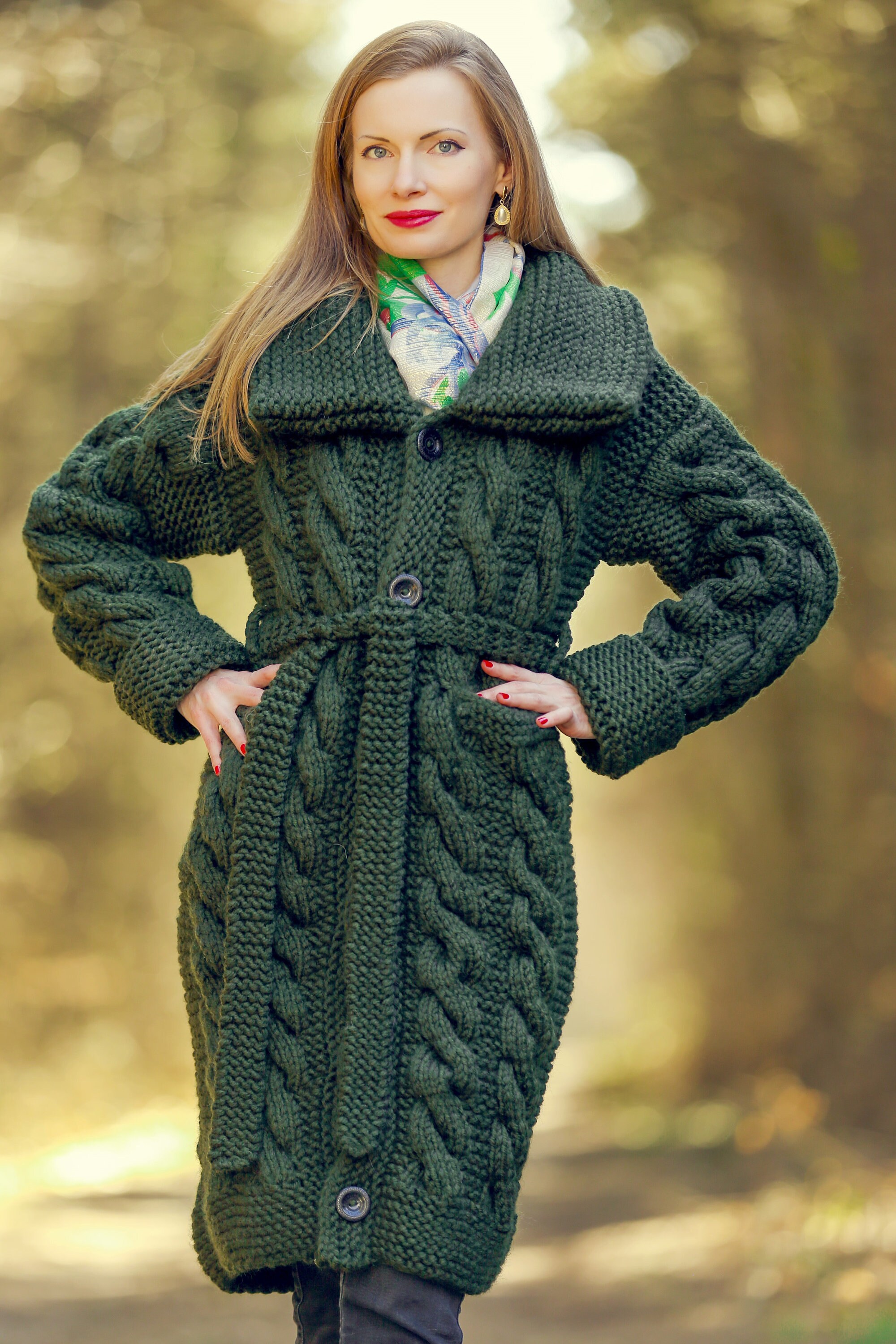 Supertanya Green Wool Cardigan Cable Knit Sweater Coat Made to