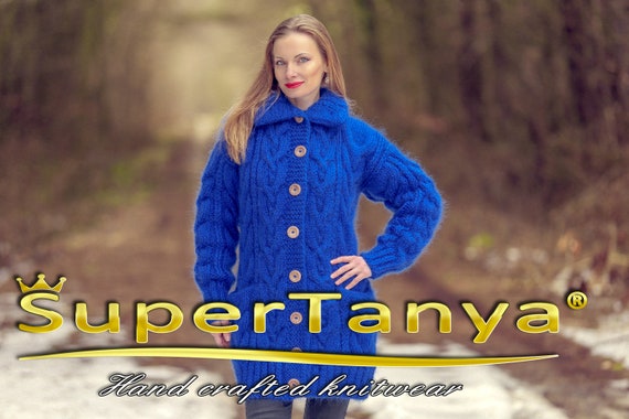 Blue Mohair Cardigan Long Sweater Jacket Designer Knitted Coat