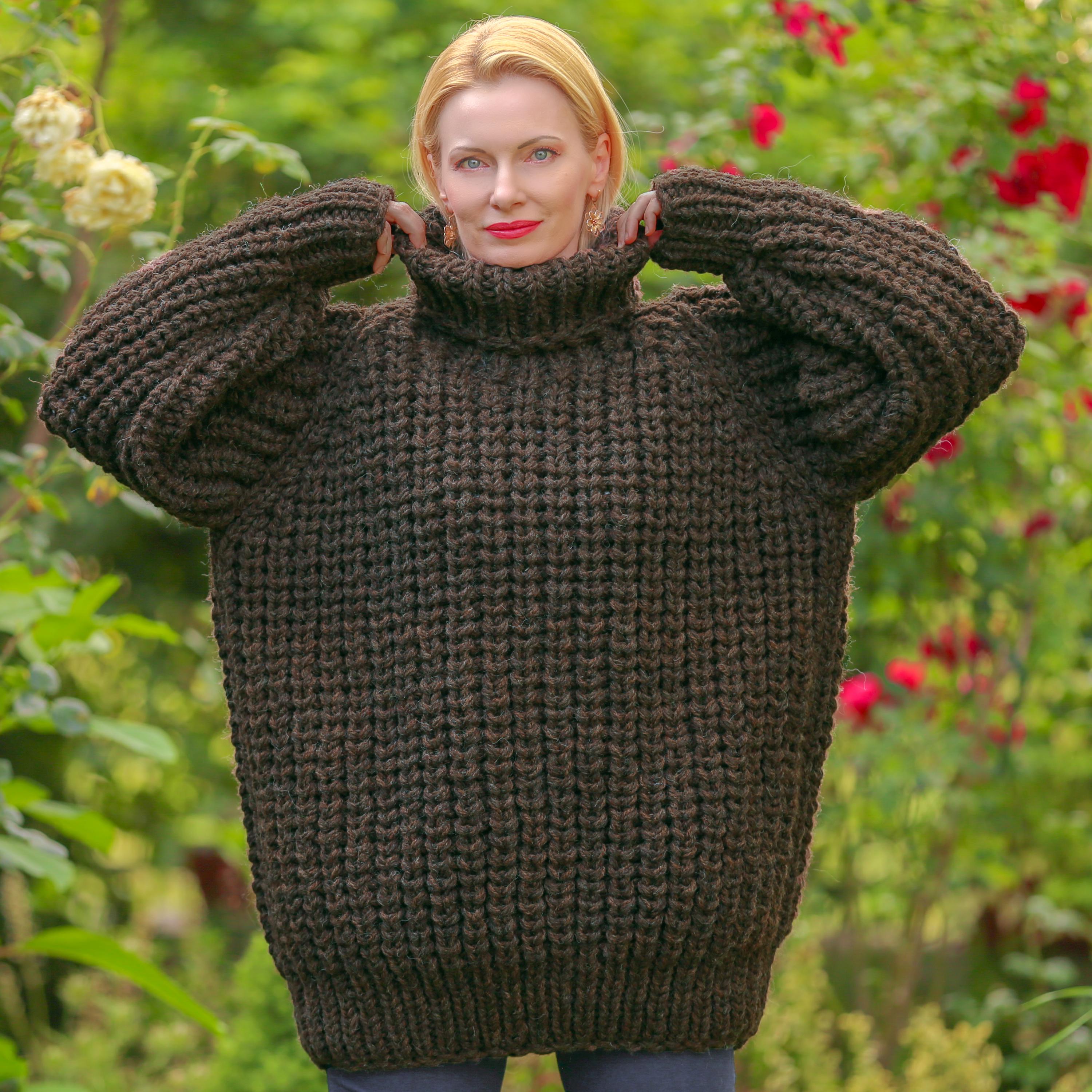 Thick brown wool sweater thick organic natural yarn jumper chunky pullover ready to wear, XL-XXL size