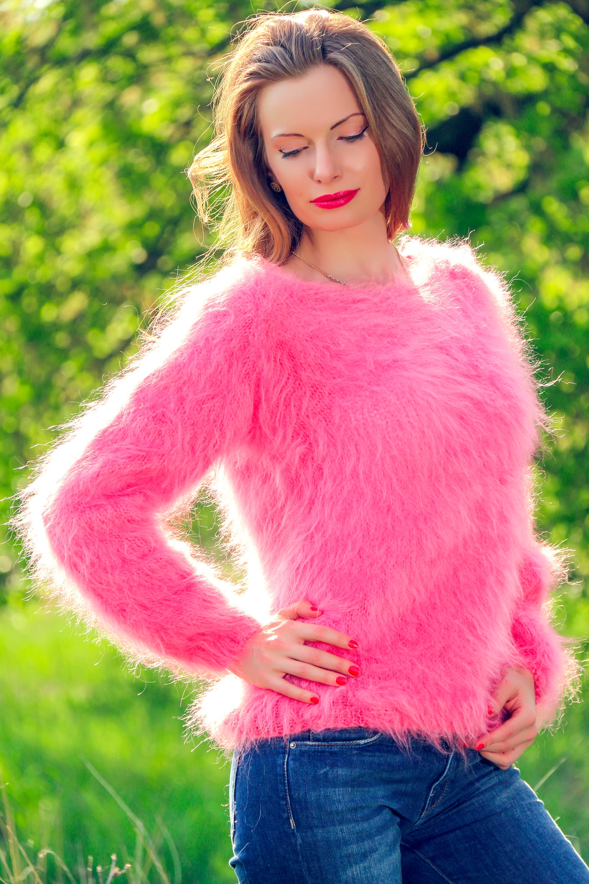 Supertanya Pink Summer Sweater Hand Knitted Light Mohair Top Sexy