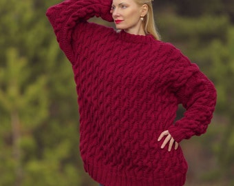 Red wool sweater hand knitted jumper cable knit wool SUPERTANYA pullover - Ready to Ship - size XL / XXL