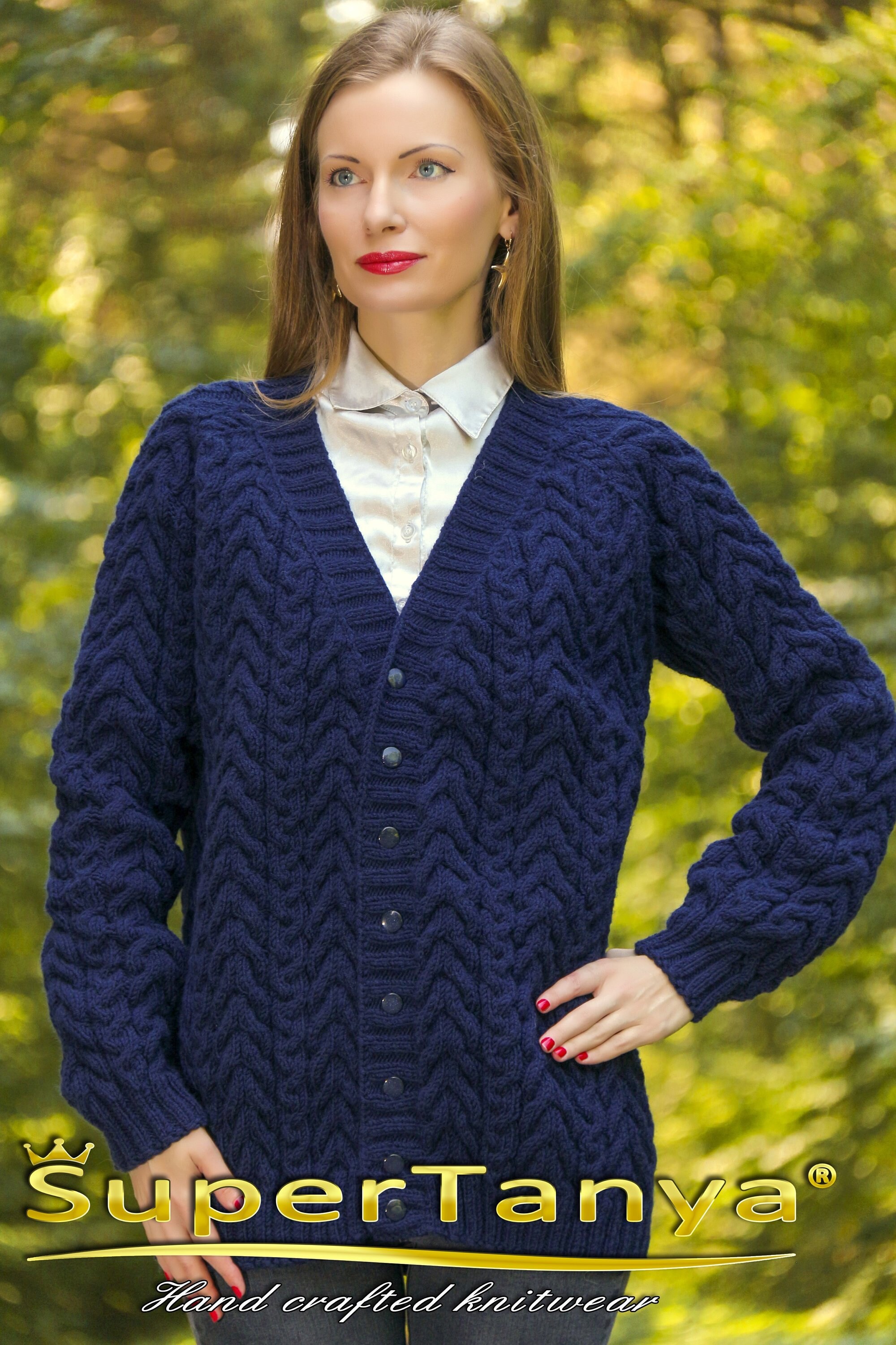 blue cable knit cardigan womens