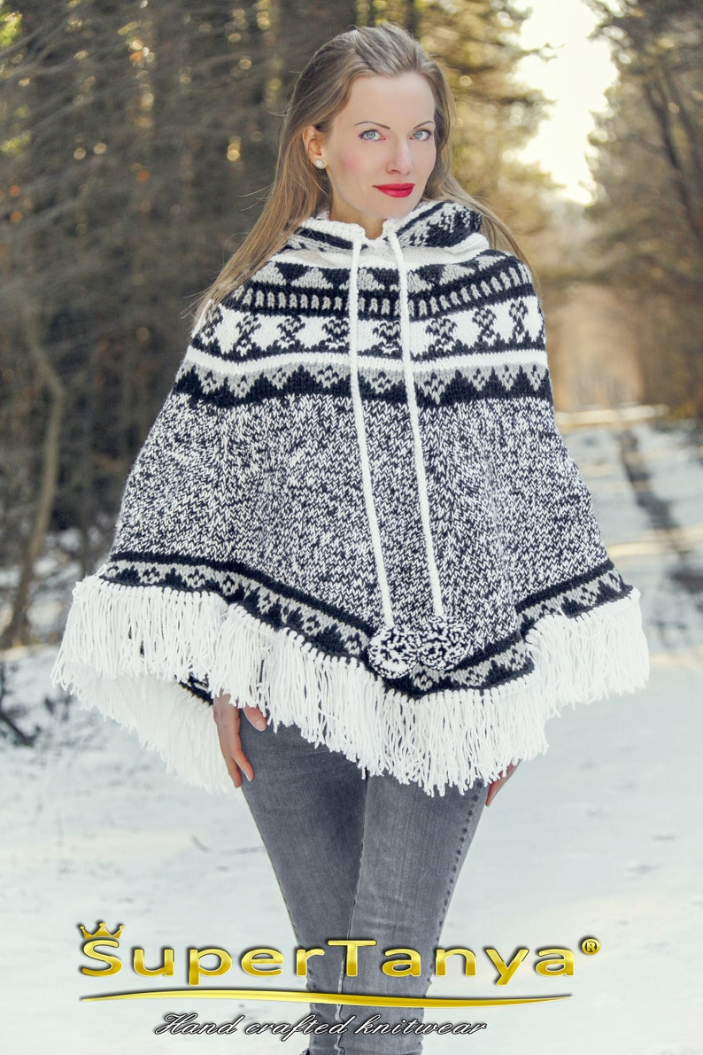 Wool Nordic poncho in black grey and white by SuperTanya