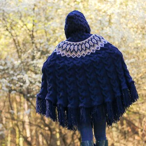 Blue ski wool poncho sweater cable knit Nordic sweater SuperTanya READY TO SHIP image 5