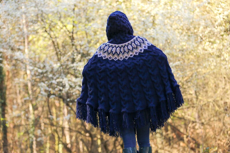Blue ski wool poncho sweater cable knit Nordic sweater SuperTanya READY TO SHIP image 5