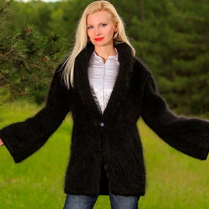 Black mohair sweater coat hand knitted cardigan fuzzy black jacket by SuperTanya image 4