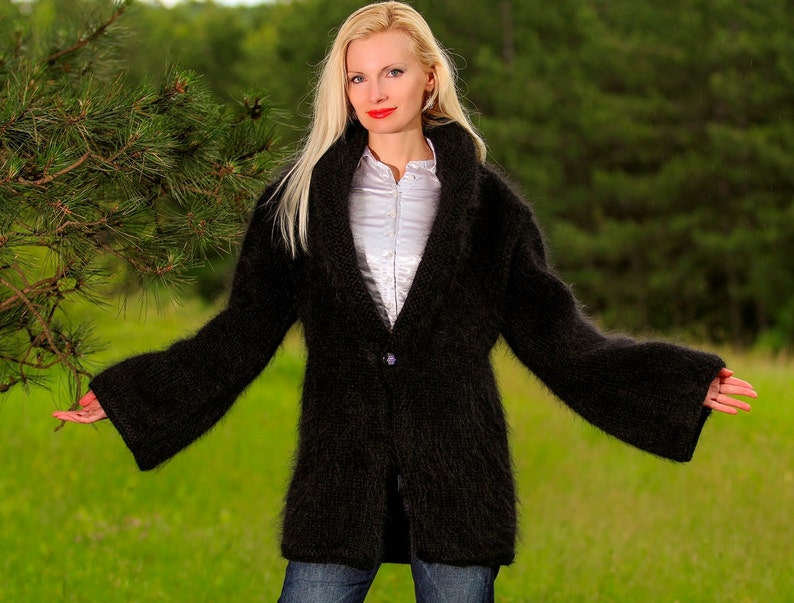 Black mohair sweater coat hand knitted cardigan fuzzy black jacket by SuperTanya image 4