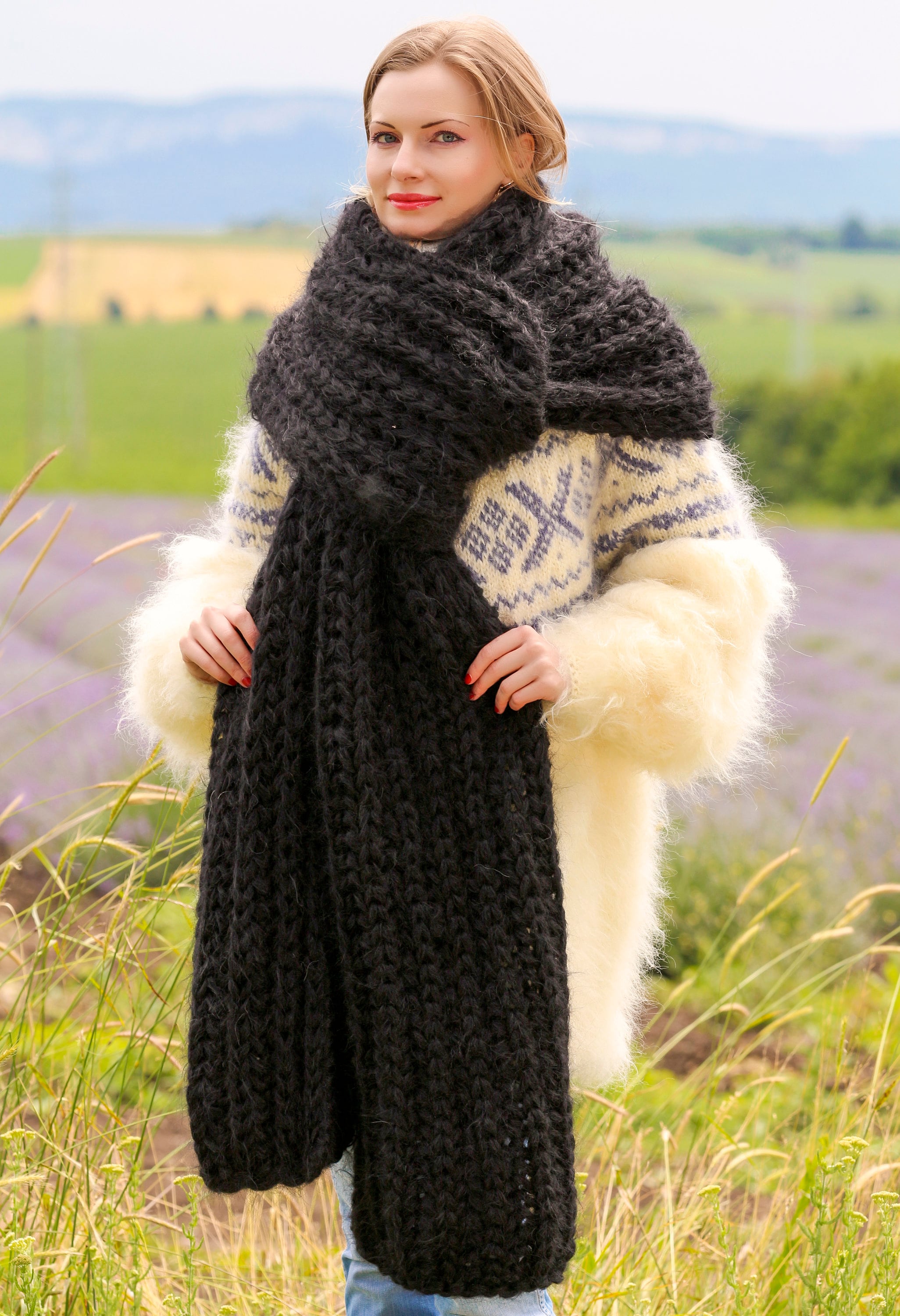 Black Extra Long Fuzzy Mohair Scarf Handmade Fuzzy Shawl READY TO Black Extra Long Fuzzy Mohair Scarf Handmade Fuzzy Shawl READY TO