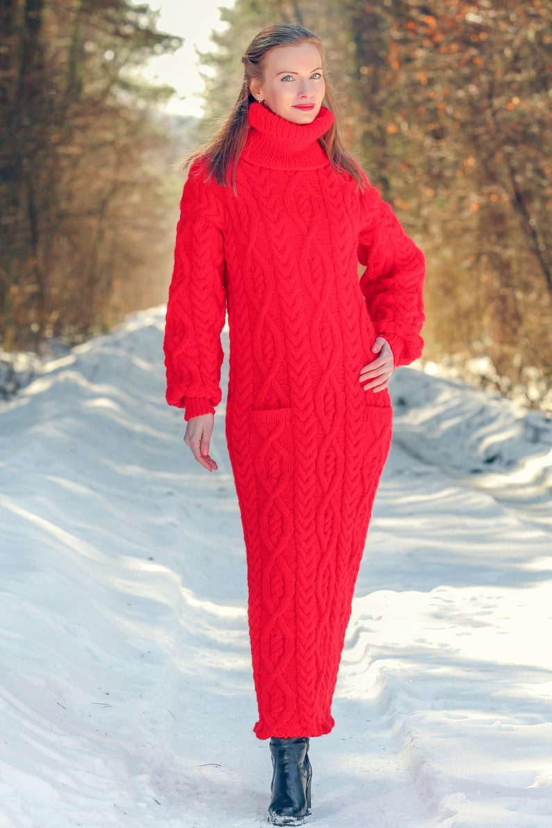 SUPERTANYA red wool dress long cable knit designer dress SuperTanya size M / L ready to ship image 8