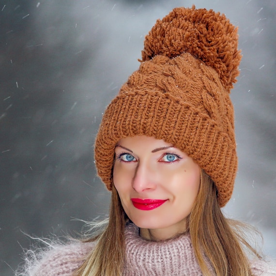 Gorros De Invierno Con Pompón Para Mujer, De Punto Esponjoso, De Piel