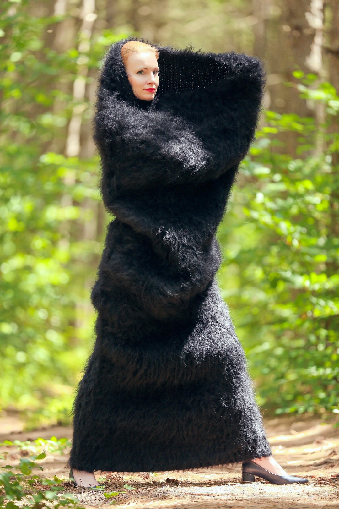 Black Mohair Scarf Dress Handmade Long Tube Infinity Scarf Wool