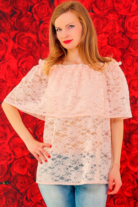 Elegante tunica de blusa con hombros descubiertos y top de encaje floral rosa de verano SUPERTANYA Listo para enviar Etsy Mexico