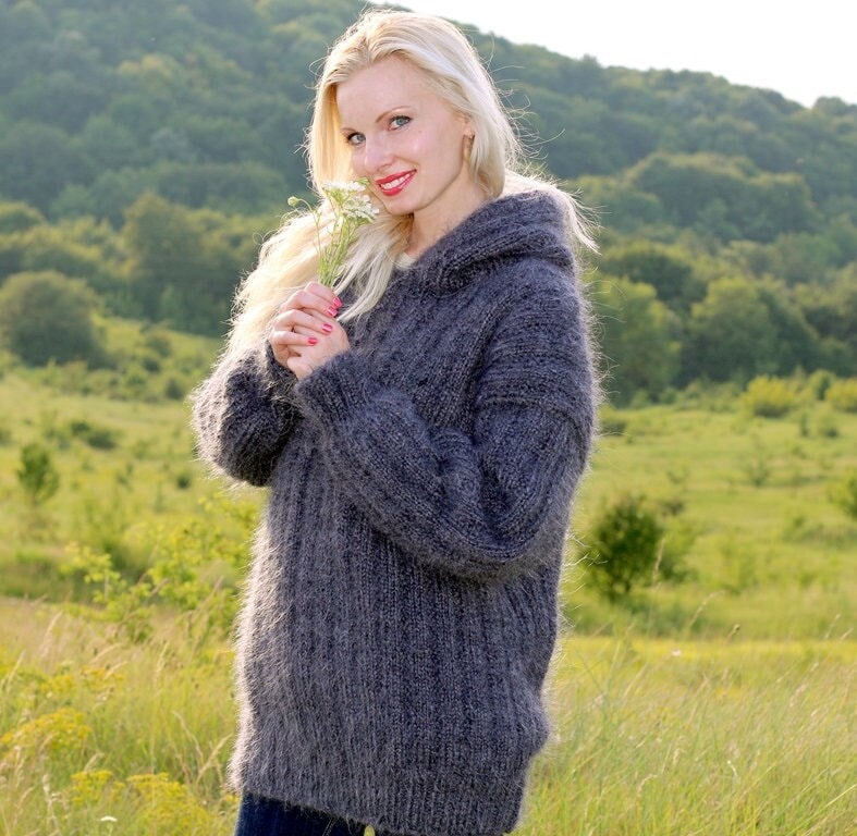 Handmade Fuzzy Mohair Pullover Hand Knit Thick Sweater With Hood