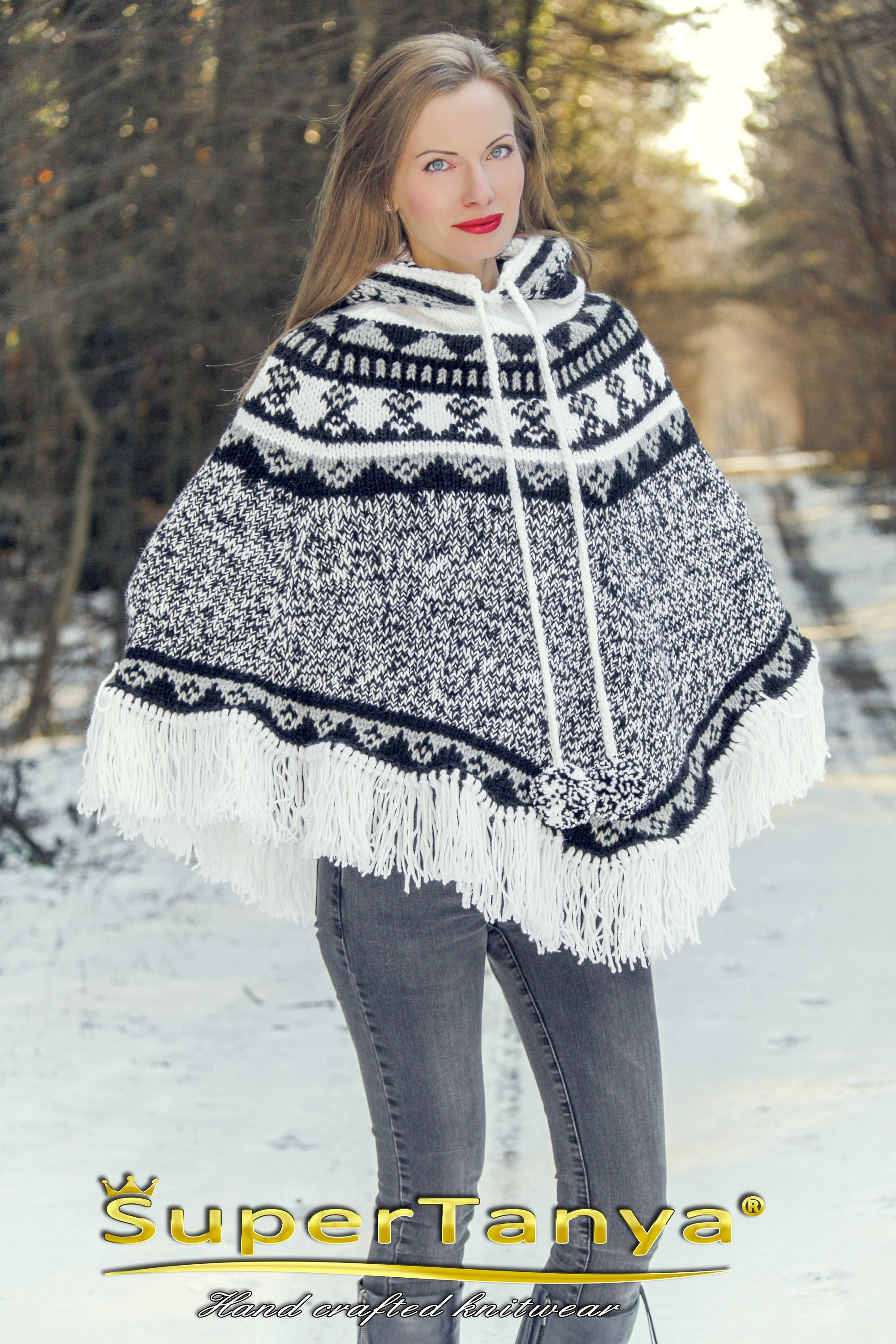 Wool Nordic Poncho Multicolor Hoodie Sweater in Black, Grey and