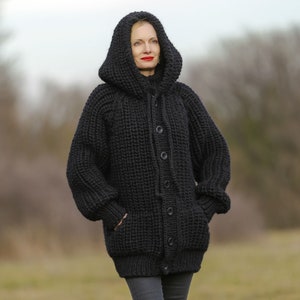 SuperTanya black wool cardigan mega thick sweater chunky ribbed pattern hoodie coat Ready to Ship size XL 3.7 KG image 7