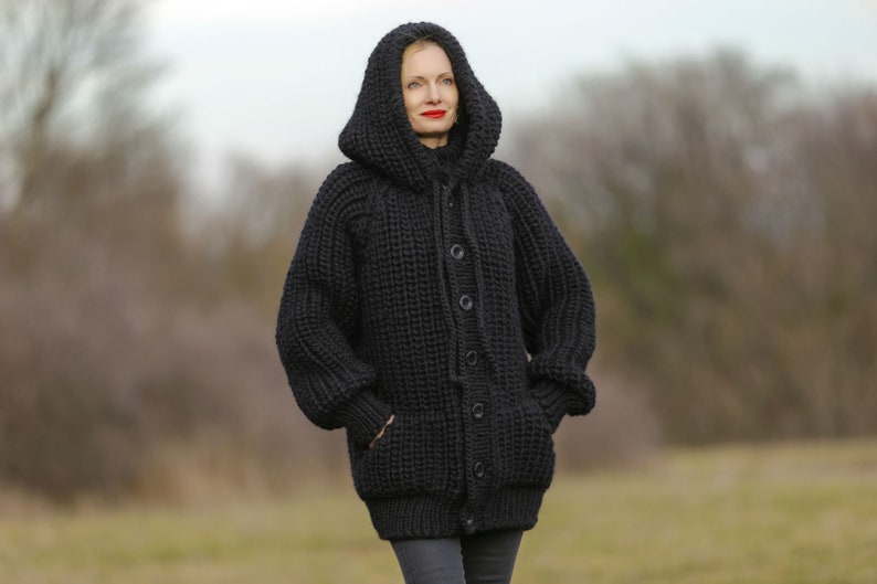 SuperTanya black wool cardigan mega thick sweater chunky ribbed pattern hoodie coat Ready to Ship size XL 3.7 KG image 7