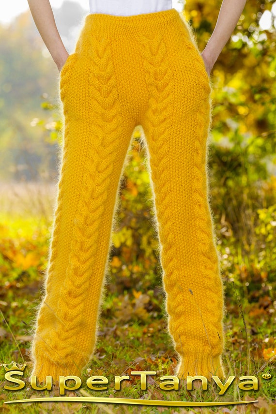 Cable Knit Thick Mohair Pants Hand Knitted Fluffy Trousers Soft