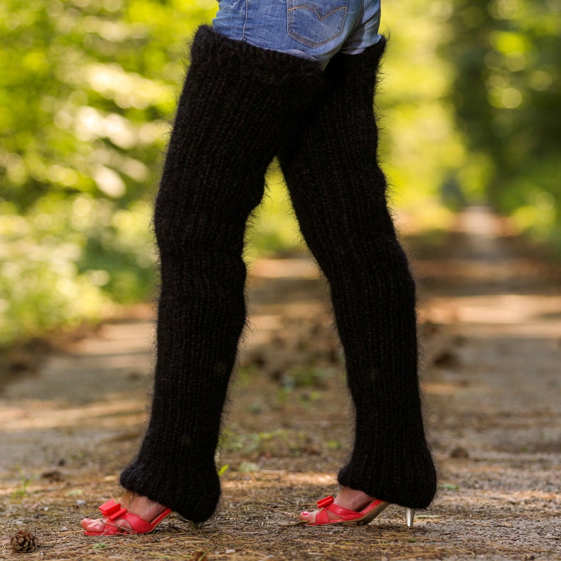 Long Thick Fuzzy Gaiters Hand Knit Mohair Leg Warmers in Black Etsy