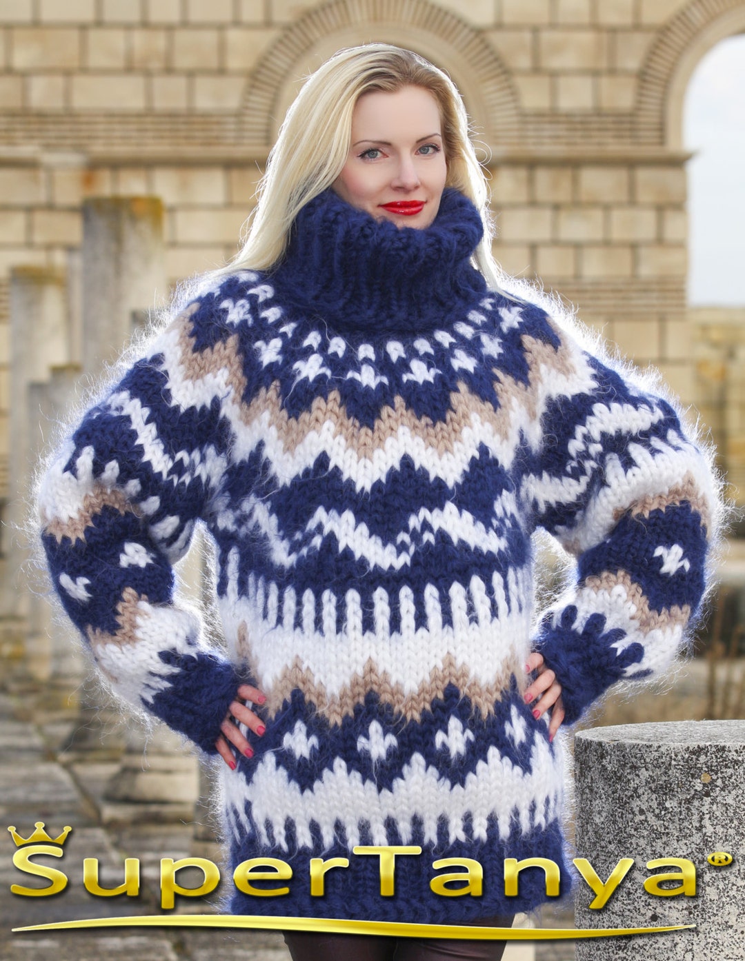 Blue Icelandic Mohair Sweater Extra Thick Nordic Turtleneck