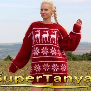 Norwegian thick mohair sweater hand knitted crewneck fuzzy pullover by SuperTanya