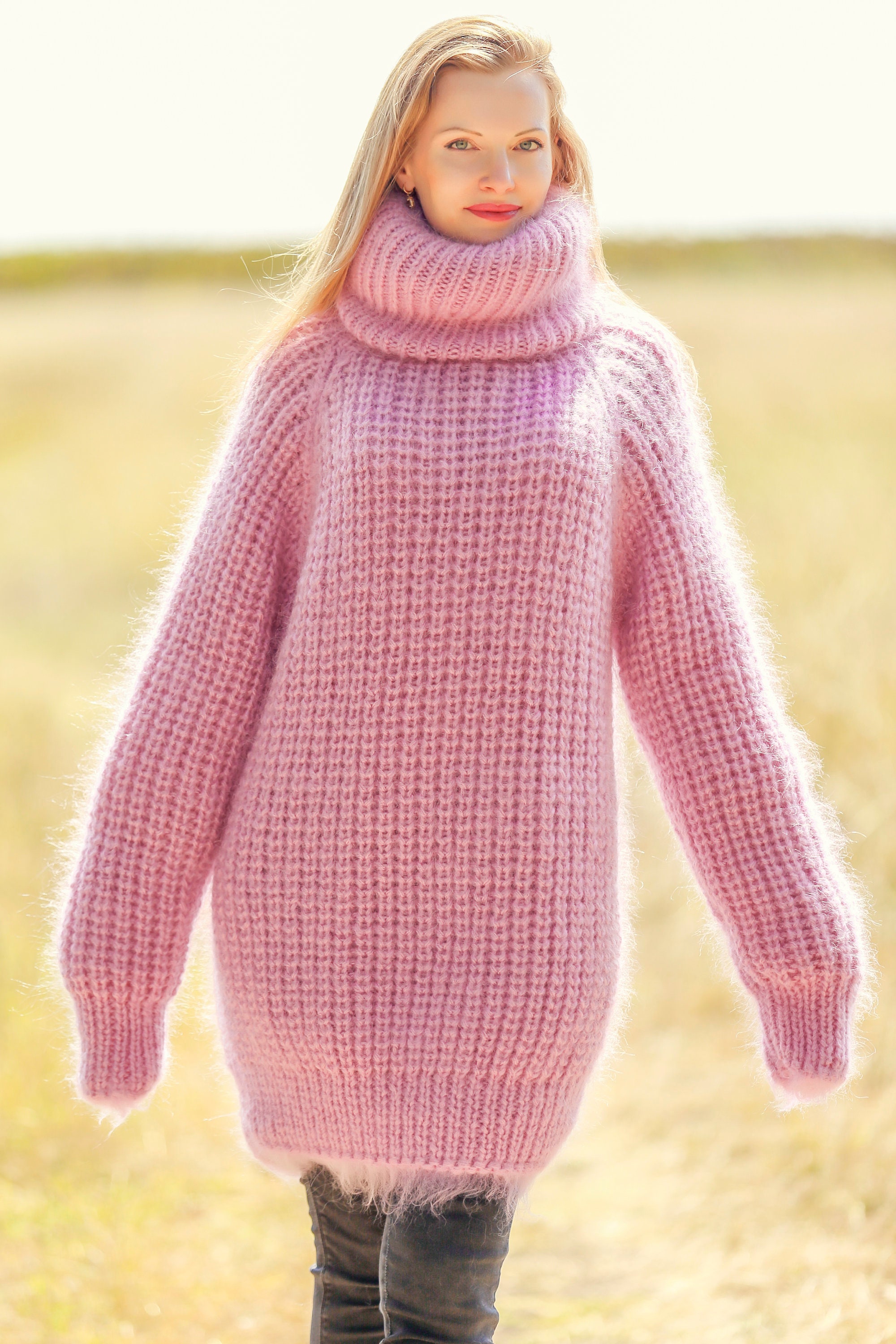 Handmade Pink Mohair Sweater With Extra Long Turtleneck