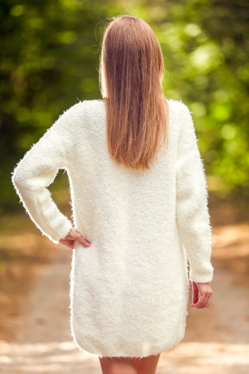 Elegant white wedding fluffy cardigan bridal fuzzy sweater hand knitted warm coatigan by SuperTanya image 8