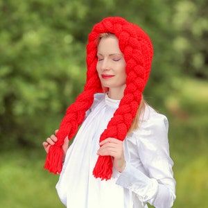 SuperTanya red hat cable knit hat with braids red riding hood hat Halloween hat READY TO SHIP image 2