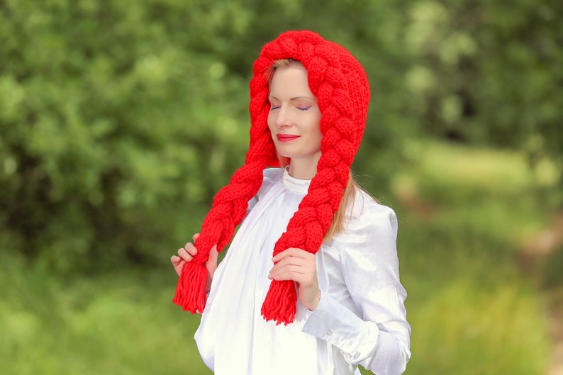 SuperTanya red hat cable knit hat with braids red riding hood hat Halloween hat READY TO SHIP image 2