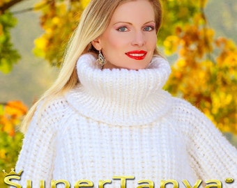 Thick white ribbed sweater hand knitted warm pullover wool jumper by SuperTanya