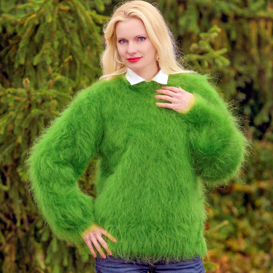 Supertanya Knitted Mohair Sweater Fuzzy Grass Green Pullover - Etsy