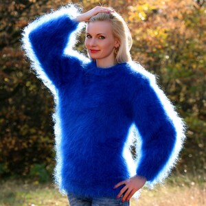 Elegant fuzzy mohair sweater hand knitted stylish jumper fluffy top by SuperTanya Blue