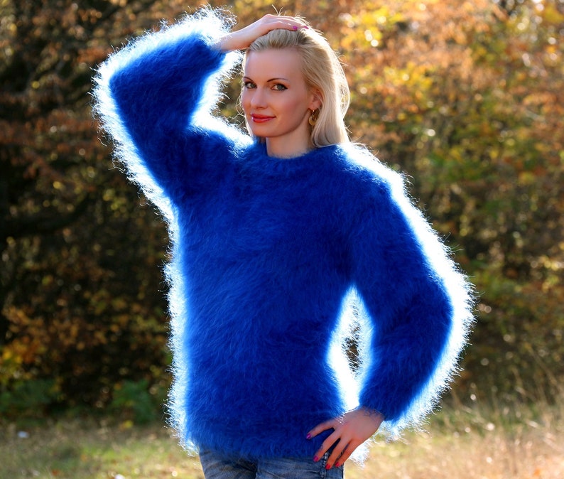 Elegant fuzzy mohair sweater hand knitted stylish jumper fluffy top by SuperTanya Blue