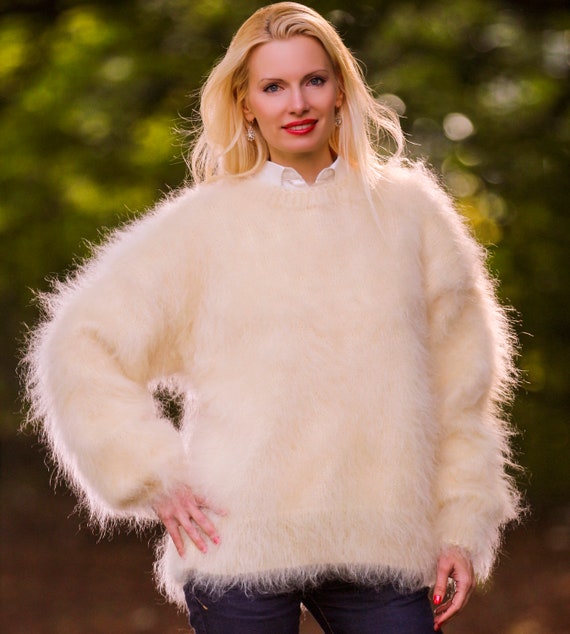 Crewneck Mohair Sweater Fuzzy Jumper Hand Knitted Fluffy Pullover ...