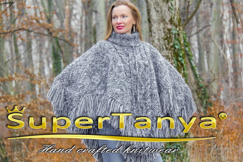 Grey wool poncho hand knitted designer wool sweater cape with fringes by SuperTanya