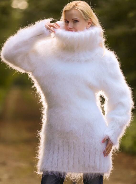 Beautiful thick and fuzzy hand knitted white mohair sweater | Etsy