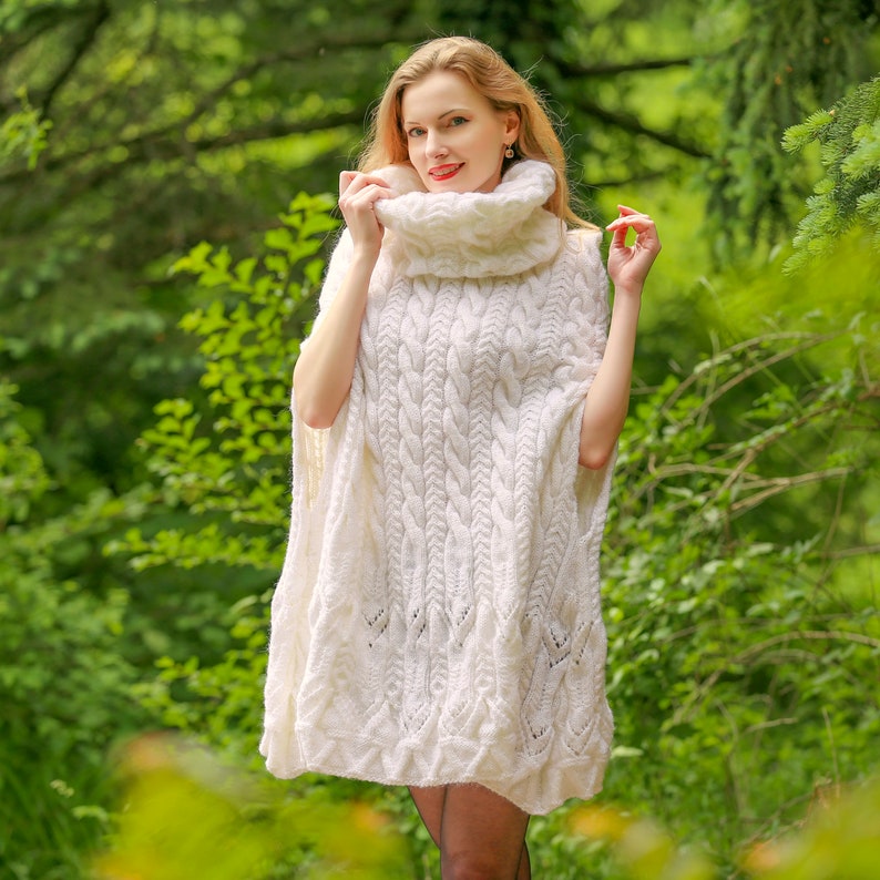 Ready to ship Luxurious white poncho wedding sweater cable knit soft wool cape SuperTanya image 10