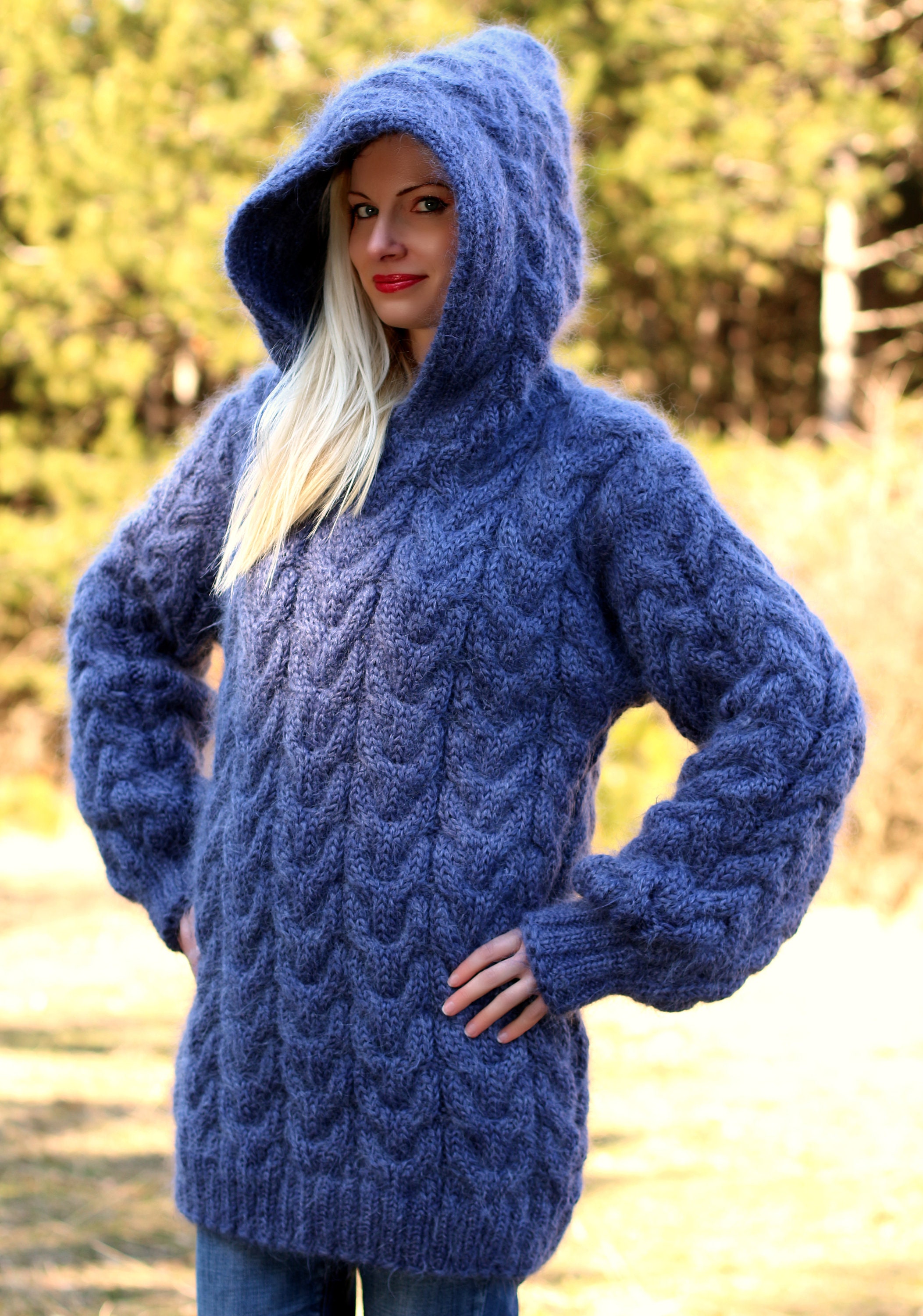 Cable Knit Hoodie Sweater Thick Hand Knitted Pullover Designer