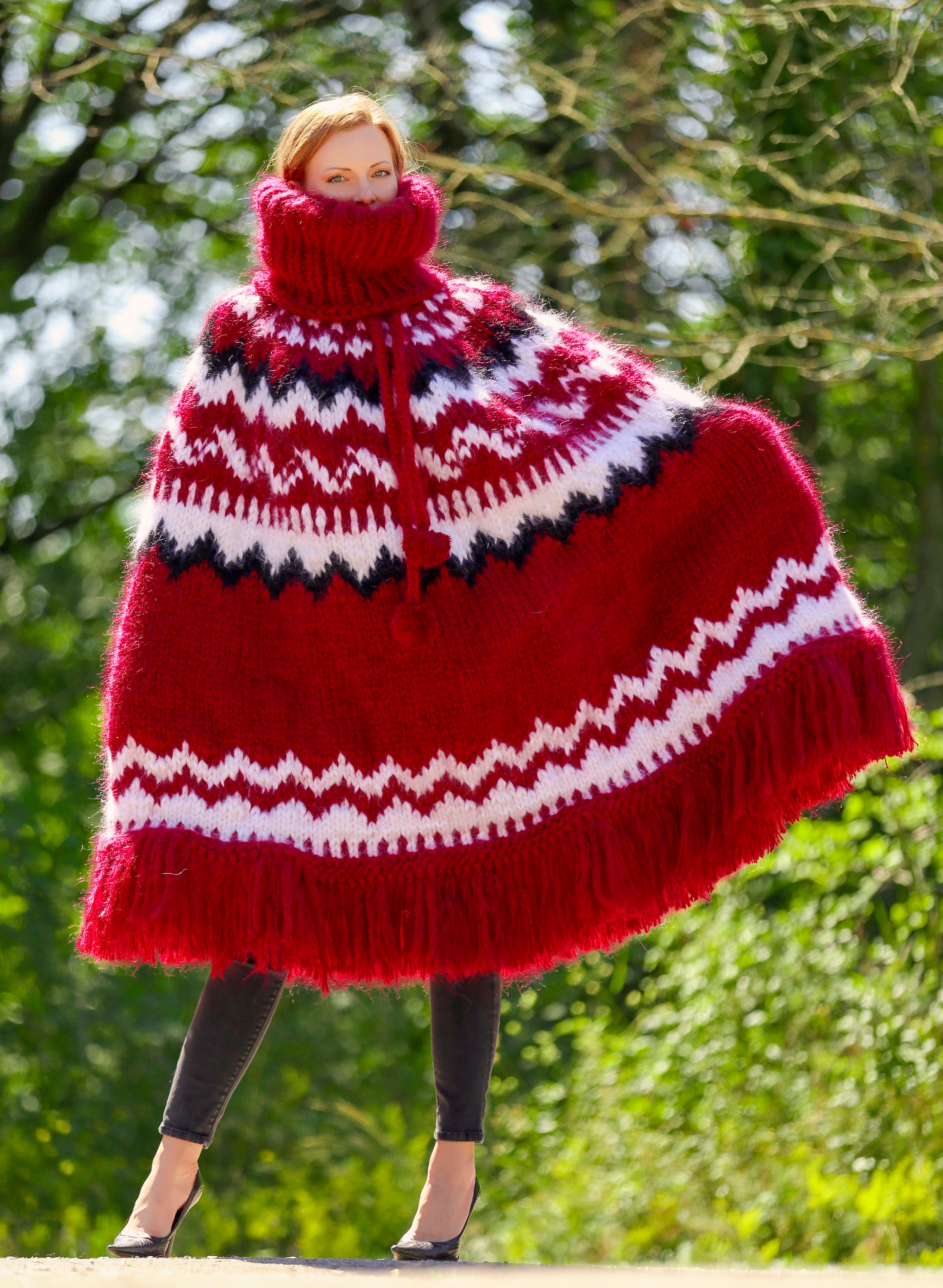 Giant Red Nordic Mohair Poncho - Supertanya Hand Crafted Knitwear