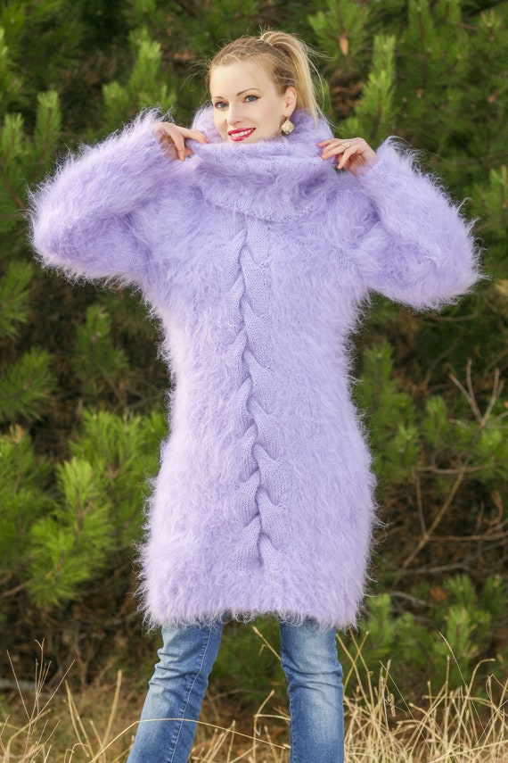 Purple lavender mohair dress, long fuzzy sweater tunic hand knitted fluffy pullover Ready to Ship size M - L Purple lavender mohair dress, long fuzzy sweater tunic hand knitted fluffy pullover Ready to Ship size M - L