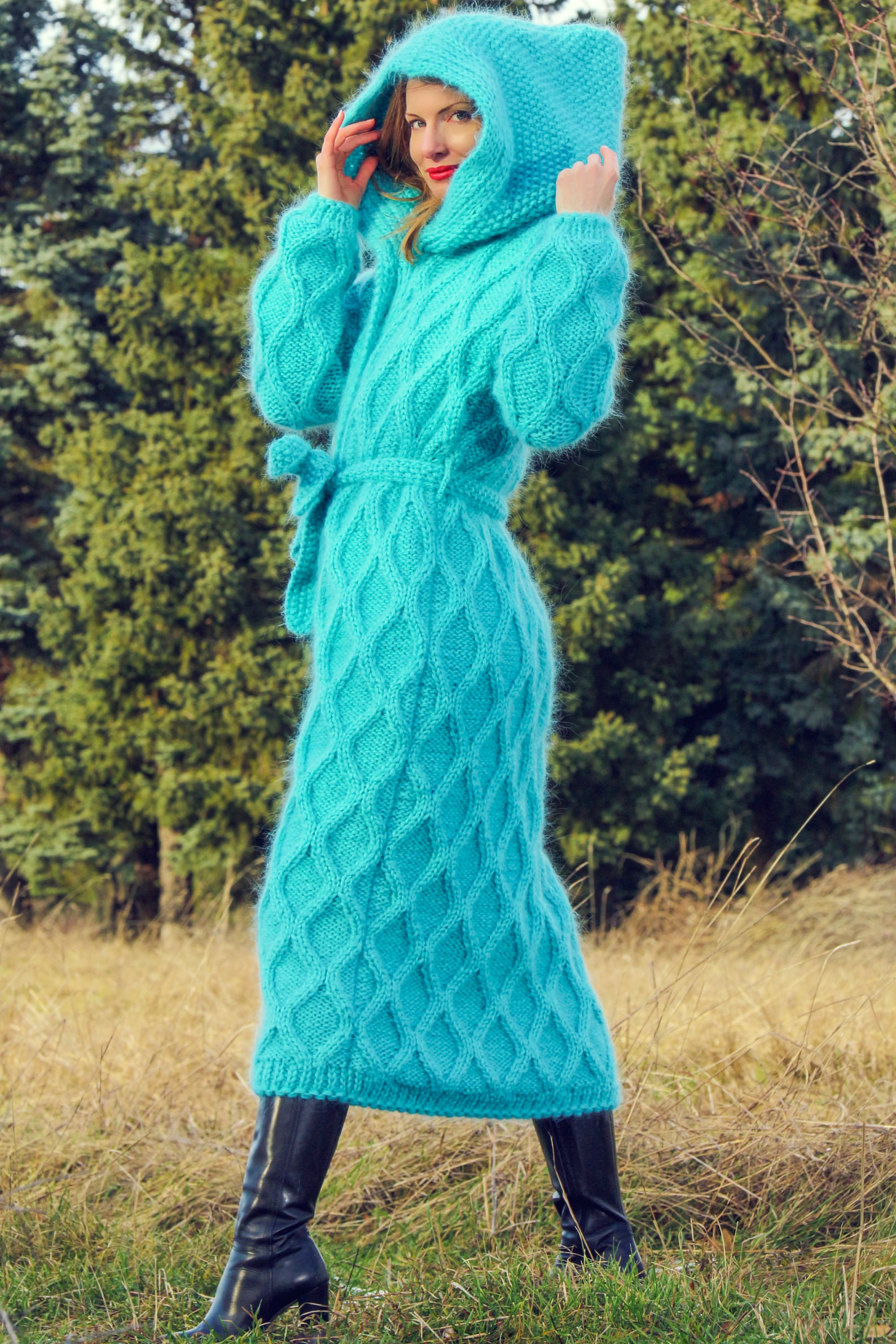 Long Cable Knit Cardigan With Hood Hand Knitted Sweater Coat Etsy