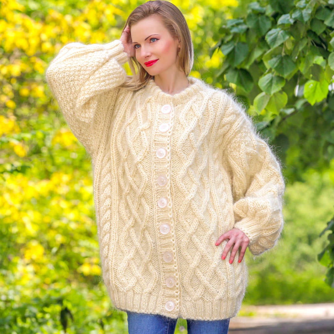 Pull En Laine Blanche épais à Col Rond - Tricot Main SuperTanya Taille L
