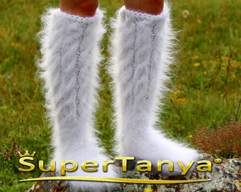 Cable knit mohair socks handknit leg warmers fuzzy thick socks by SuperTanya