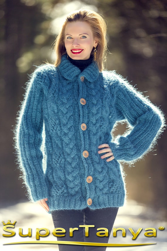 Designer Green Mohair Jacket Thick Cable Cardigan Hand Knitted
